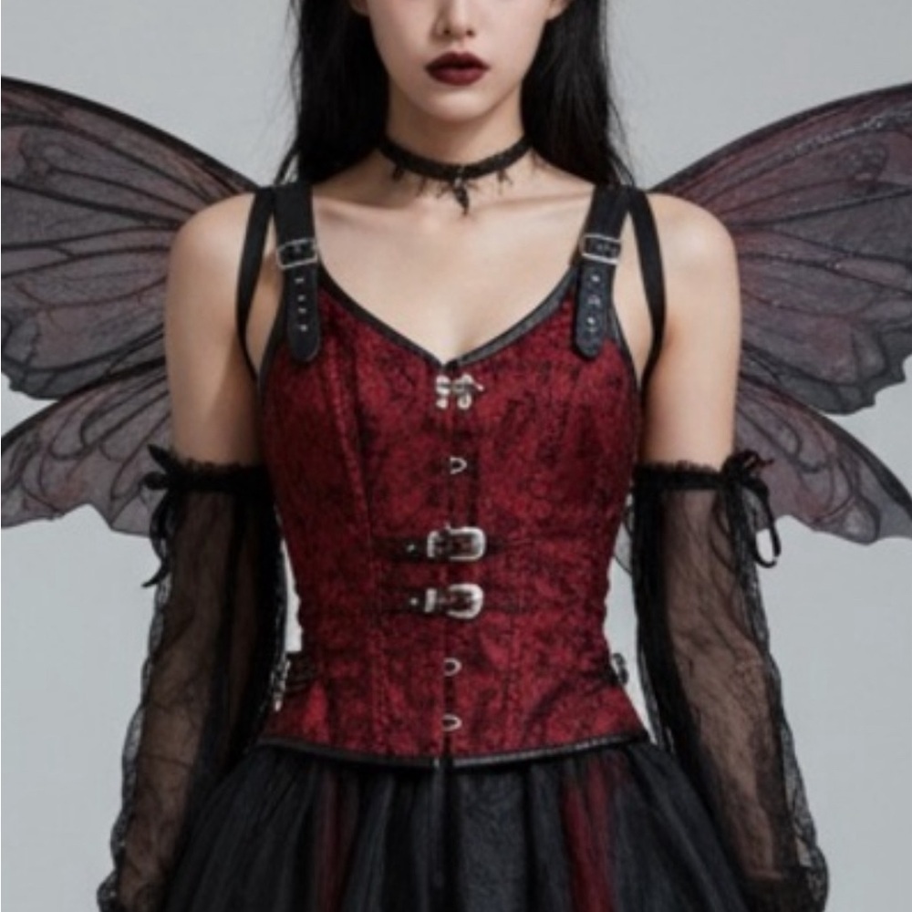 Kimring Women Red Corset Top L Floral Buckle LaceUp Gothic Steampunk Brocade